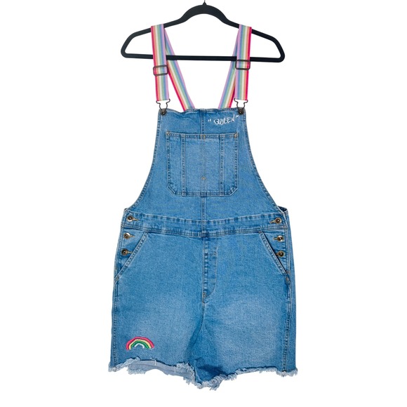 Unbranded Denim - Women's Rainbow Strap Denim Shortalls Blue Queen Embroidered Jean Overalls